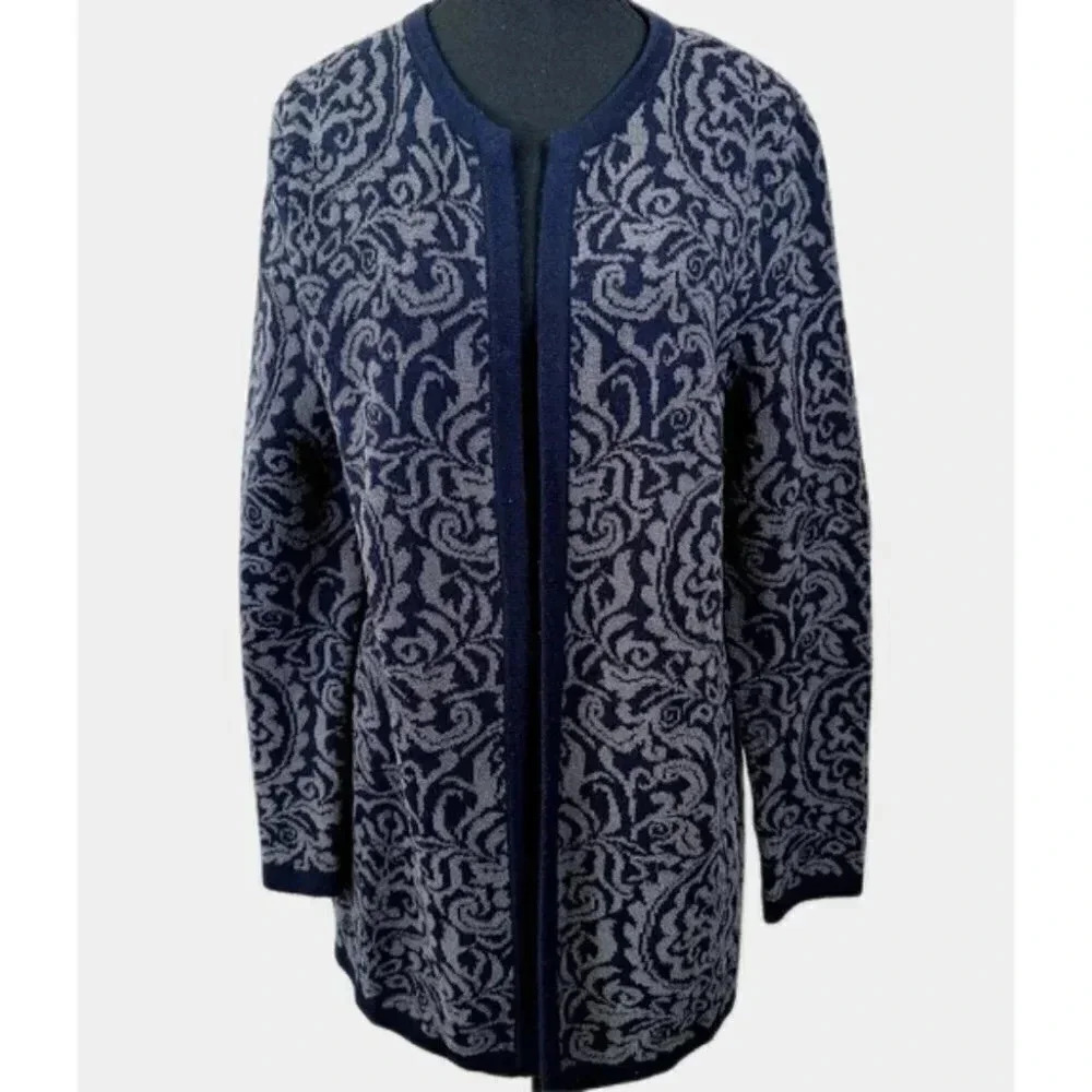 Talbots Open  Front Cashmere Blend Navy Jacquard Cardigan